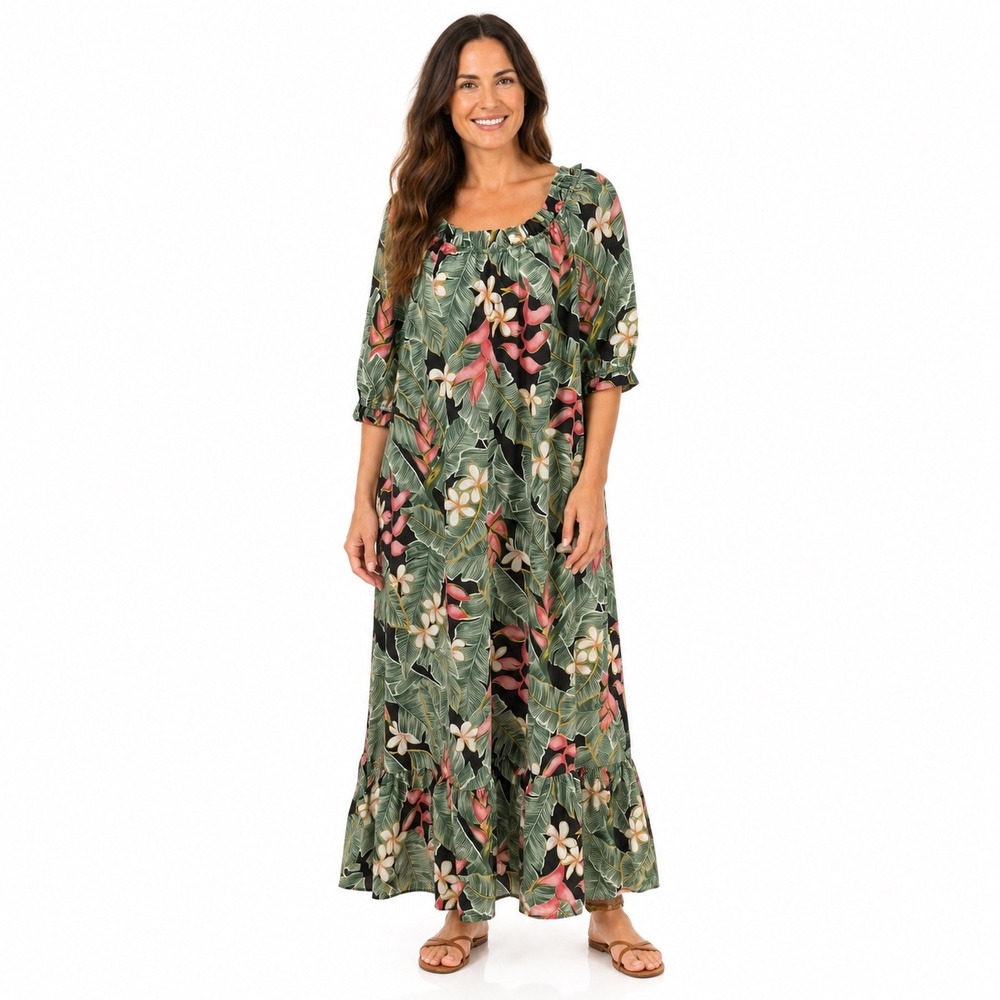Hilo Hattie Muumuu Dress Womens Medium Green Floral Tropical Ruffle Maxi Hawaii